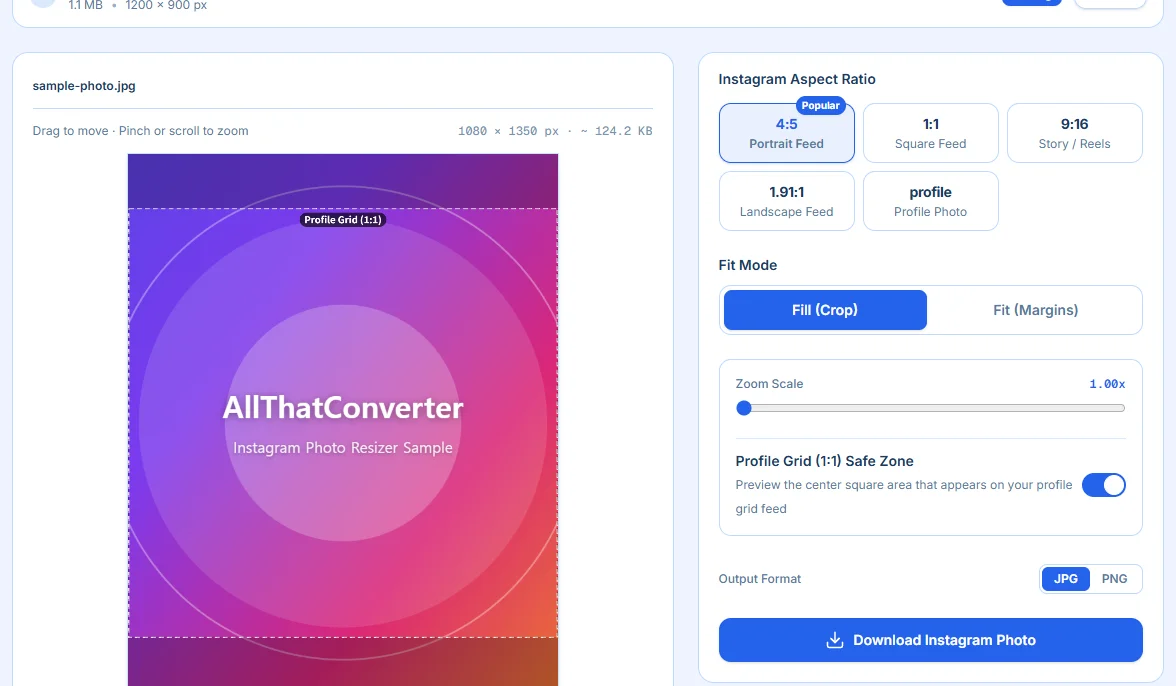 Instagram 4:5 vertical feed and 1:1 profile grid safe zone dotted preview workspace